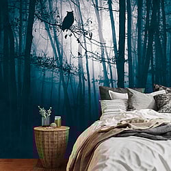 Galerie Wallcoverings Product Code WH45274M - Welcome Home Murals Wallpaper Collection - Blue, Grey, Black Colours - Owl in Moonlight Design