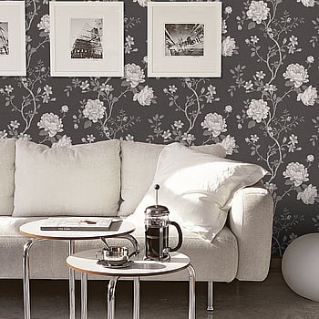 Galerie Wallcoverings Product Code G45302 - Vintage Roses Wallpaper Collection - Black Silver Grey White Colours -  